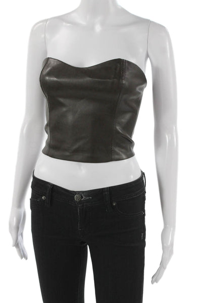 Ten By Babaton Womens Corset Top Brown PU Sweetheart Zip Strapless Size 2