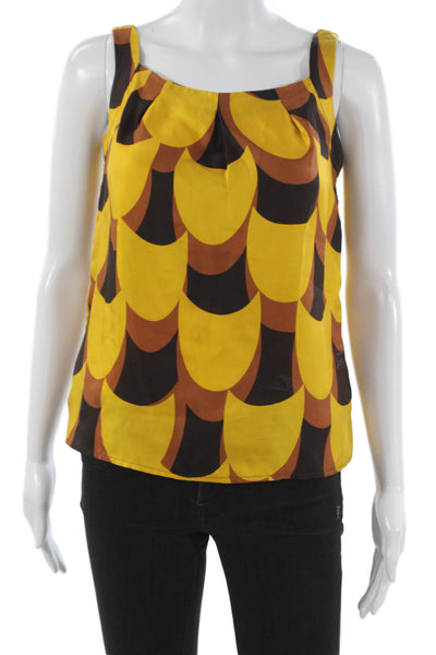 J Crew Women Basic Yellow Geometric Silk Sleeveless Round Neck Tank Size 0