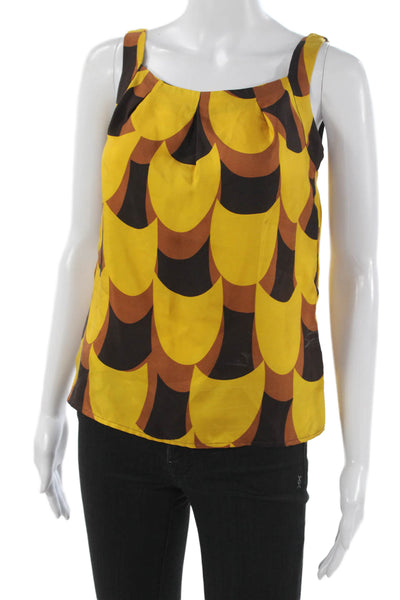 J Crew Women Basic Yellow Geometric Silk Sleeveless Round Neck Tank Size 0