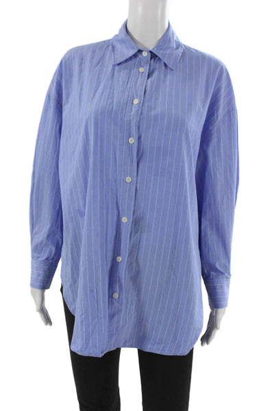 Zara Women Blue Striped Collared Button-Up Long Sleeve Cotton Blend Size XS