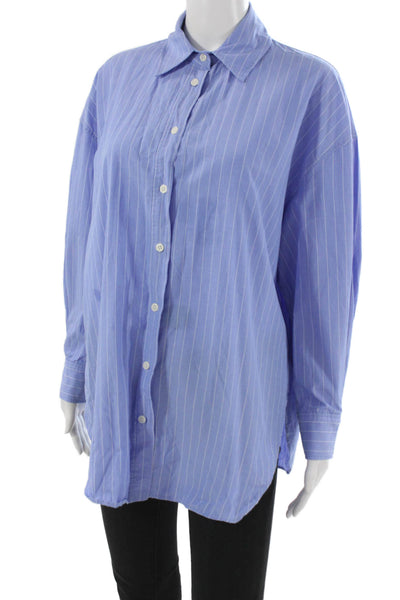 Zara Women Blue Striped Collared Button-Up Long Sleeve Cotton Blend Size XS