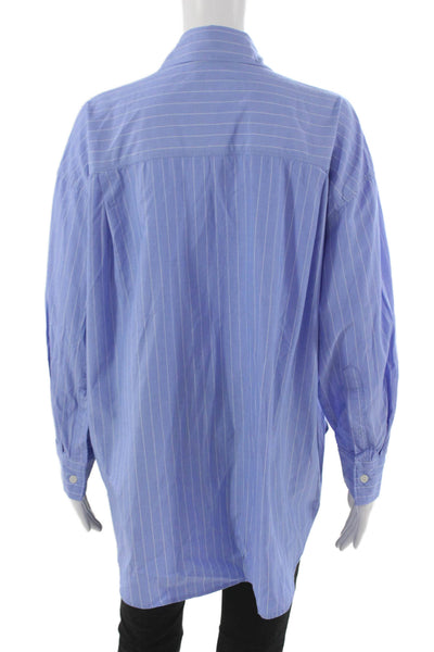 Zara Women Blue Striped Collared Button-Up Long Sleeve Cotton Blend Size XS