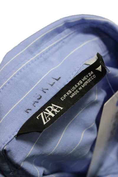 Zara Women Blue Striped Collared Button-Up Long Sleeve Cotton Blend Size XS