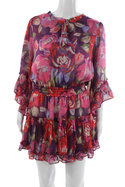Misa Women Mini Floral Bohemian Dress Multicolor High Neck Long Sleeve Size L