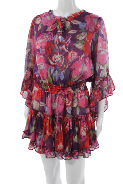 Misa Women Mini Floral Bohemian Dress Multicolor High Neck Long Sleeve Size L