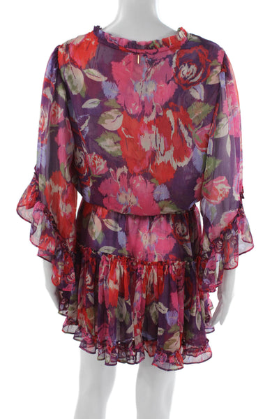 Misa Women Mini Floral Bohemian Dress Multicolor High Neck Long Sleeve Size L