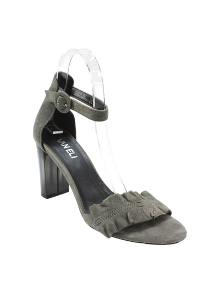 Vaneli Womens Block Heel Ruffled Ankle Strap Sandals Gray Suede Size 7M
