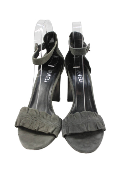 Vaneli Womens Block Heel Ruffled Ankle Strap Sandals Gray Suede Size 7M