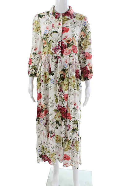 Zara Women Floral Collared Maxi Dress Multicolor Long Sleeve Button Size M