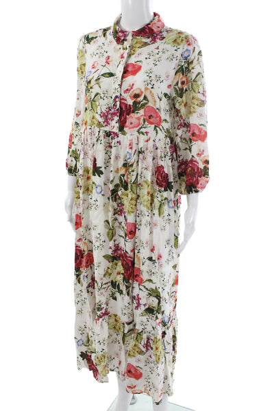 Zara Women Floral Collared Maxi Dress Multicolor Long Sleeve Button Size M