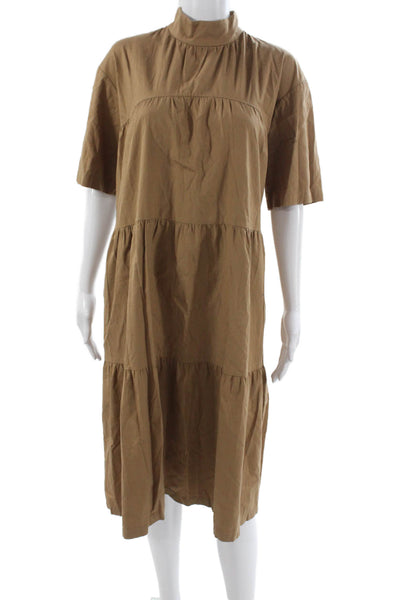 Everlane Women Trapeze Swing Dress Brown Mock Neck Short Sleeve Size S