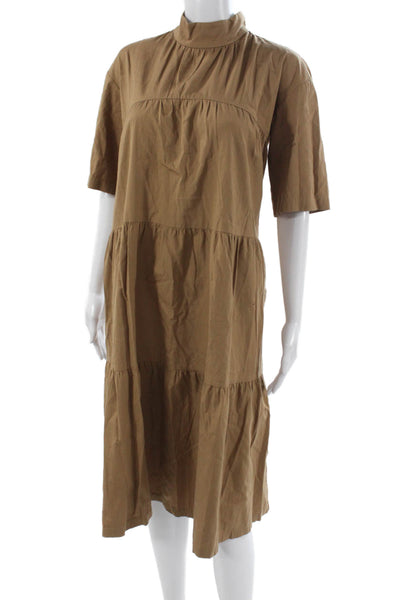 Everlane Women Trapeze Swing Dress Brown Mock Neck Short Sleeve Size S