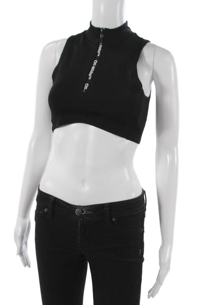 Off White Women Black Cropped Sleeveless Tank Mock Neck Zip Polyester Size S