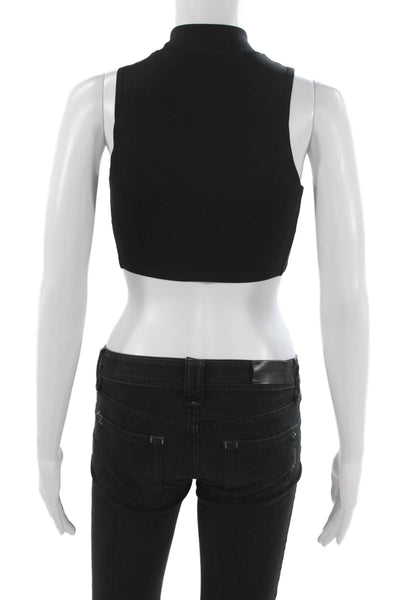 Off White Women Black Cropped Sleeveless Tank Mock Neck Zip Polyester Size S