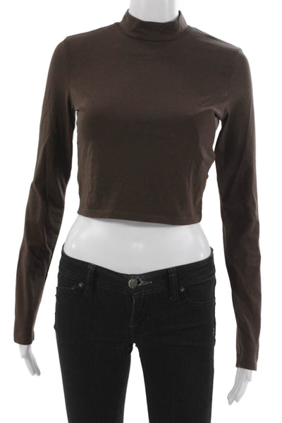 Zara Women Cropped Mock Neck Brown Cotton Blend Long Sleeve T-Shirt Size S