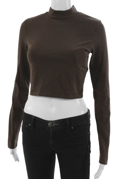 Zara Women Cropped Mock Neck Brown Cotton Blend Long Sleeve T-Shirt Size S