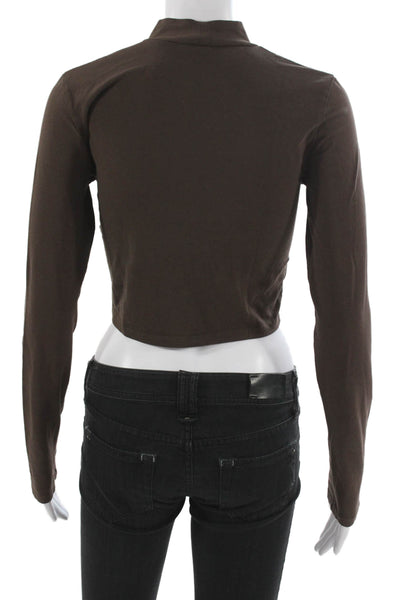 Zara Women Cropped Mock Neck Brown Cotton Blend Long Sleeve T-Shirt Size S