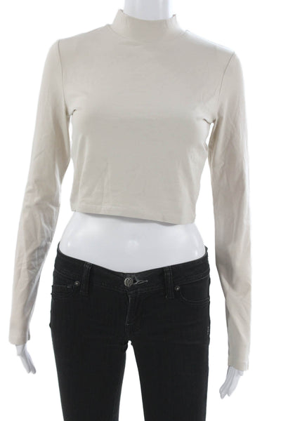 Zara Women Cropped Mock Neck Long Sleeve Cotton Pullover T-Shirt Beige Size S