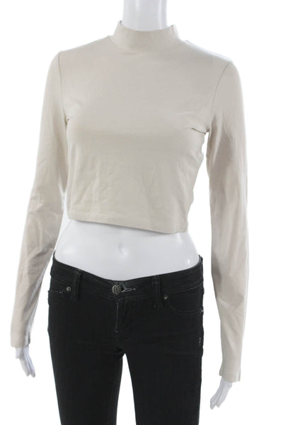 Zara Women Cropped Mock Neck Long Sleeve Cotton Pullover T-Shirt Beige Size S