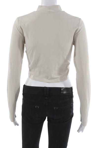 Zara Women Cropped Mock Neck Long Sleeve Cotton Pullover T-Shirt Beige Size S