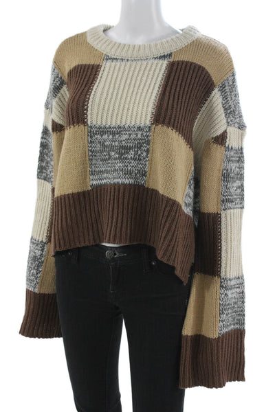 For Love & Lemons Women Brown Geometric Crewneck Pullover Sweater Size S