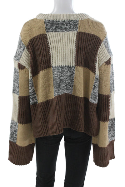 For Love & Lemons Women Brown Geometric Crewneck Pullover Sweater Size S
