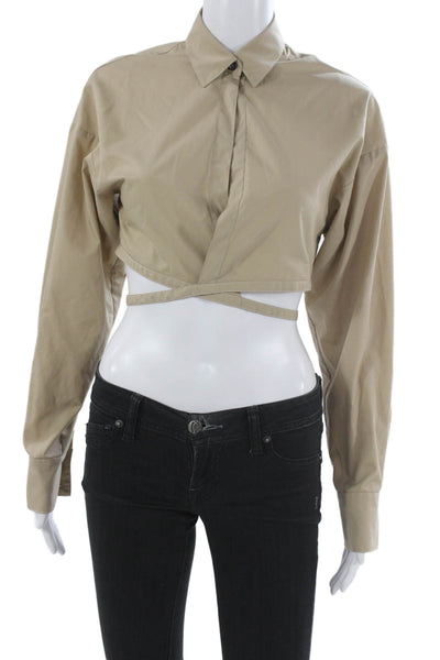 Kimberly Taylor Women Cropped Button-Up Beige Cotton-Blend Long Sleeve Size S
