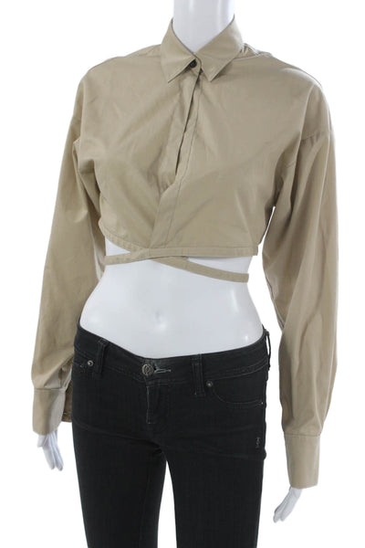 Kimberly Taylor Women Cropped Button-Up Beige Cotton-Blend Long Sleeve Size S