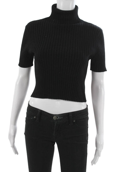 Olivaceous Womens Cropped Turtleneck Short Sleeve Blouse Black Wool Size S