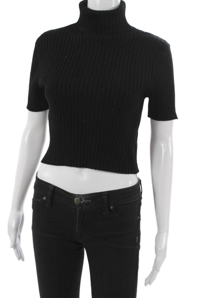 Olivaceous Womens Cropped Turtleneck Short Sleeve Blouse Black Wool Size S