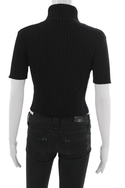Olivaceous Womens Cropped Turtleneck Short Sleeve Blouse Black Wool Size S
