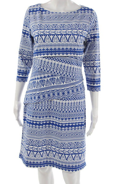 J. Mclaughlin Womens Shift Dress Blue Geometric Boatneck 3/4 Sleeve Knee Size M