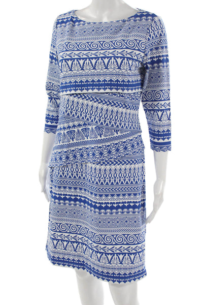 J. Mclaughlin Womens Shift Dress Blue Geometric Boatneck 3/4 Sleeve Knee Size M