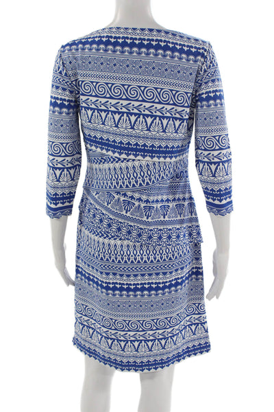 J. Mclaughlin Womens Shift Dress Blue Geometric Boatneck 3/4 Sleeve Knee Size M