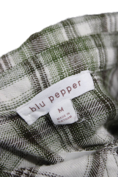 Blu Pepper Womens Basic Plaid Green Collared Button-Up Long Sleeve Rayon Size M