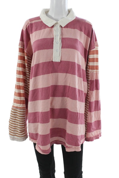 We The Free Womens Basic Striped Collared Cotton Polo 3/4 Sleeve Size L