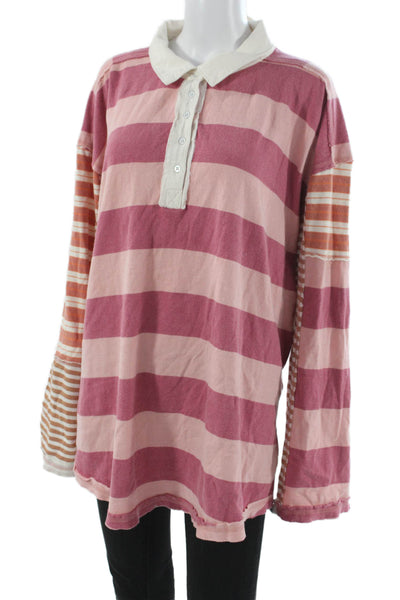 We The Free Womens Basic Striped Collared Cotton Polo 3/4 Sleeve Size L