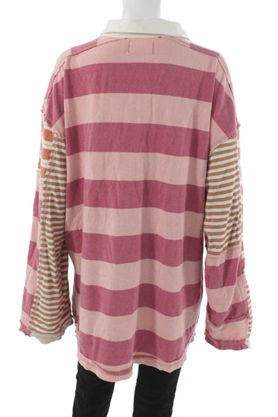 We The Free Womens Basic Striped Collared Cotton Polo 3/4 Sleeve Size L