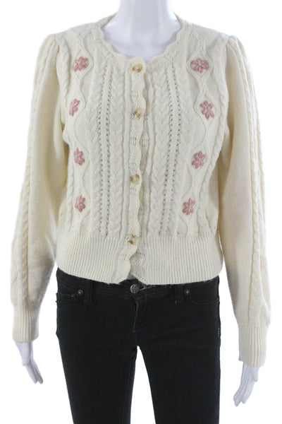 Storia Women Cardigan Floral Ivory Long Sleeve Round Neck Size M