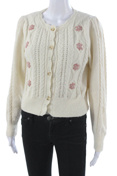 Storia Women Cardigan Floral Ivory Long Sleeve Round Neck Size M