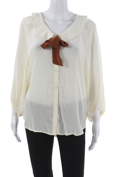 Odille Anthropologie Womens Silk Collared Button Ivory Blouse 3/4 Sleeve Size S