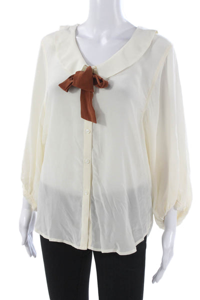Odille Anthropologie Womens Silk Collared Button Ivory Blouse 3/4 Sleeve Size S