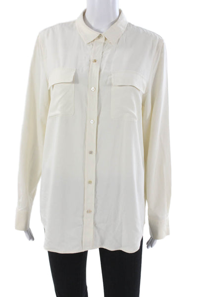 J. Mclaughlin Womens Silk Collared Button Blouse Ivory Long Sleeve Size L
