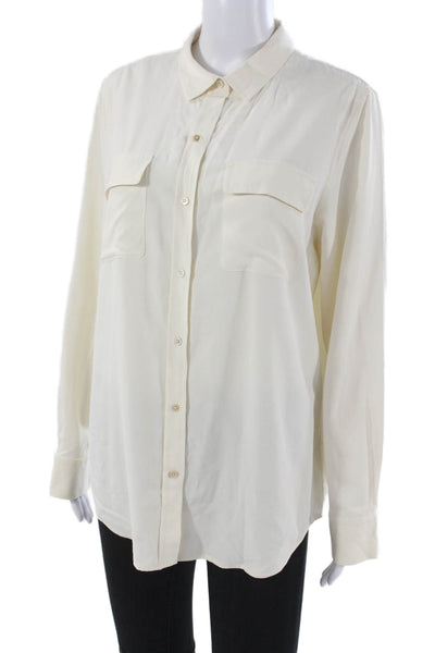 J. Mclaughlin Womens Silk Collared Button Blouse Ivory Long Sleeve Size L