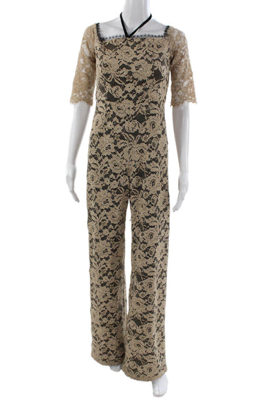 Alexis Womens Jumpsuit Beige Floral Square Neck Short Sleeve Nylon Size S