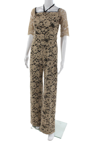 Alexis Womens Jumpsuit Beige Floral Square Neck Short Sleeve Nylon Size S