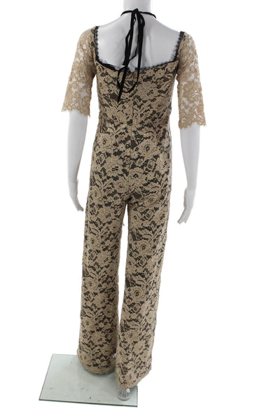 Alexis Womens Jumpsuit Beige Floral Square Neck Short Sleeve Nylon Size S