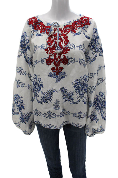 Sachin & Babi Women Tunic Blouse White Floral Scoop Neck Long Sleeve Size XL
