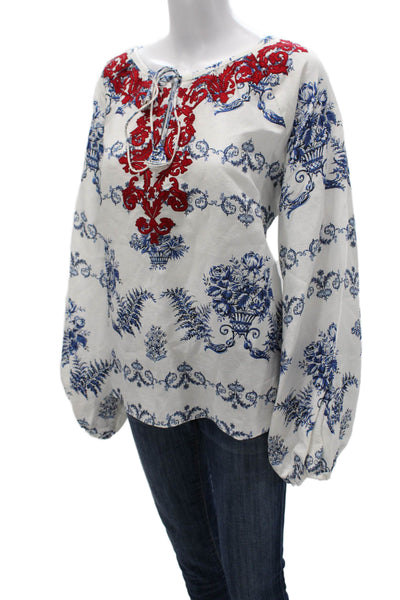 Sachin & Babi Women Tunic Blouse White Floral Scoop Neck Long Sleeve Size XL