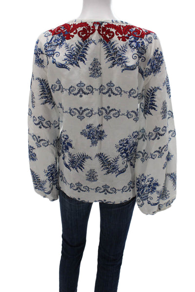 Sachin & Babi Women Tunic Blouse White Floral Scoop Neck Long Sleeve Size XL